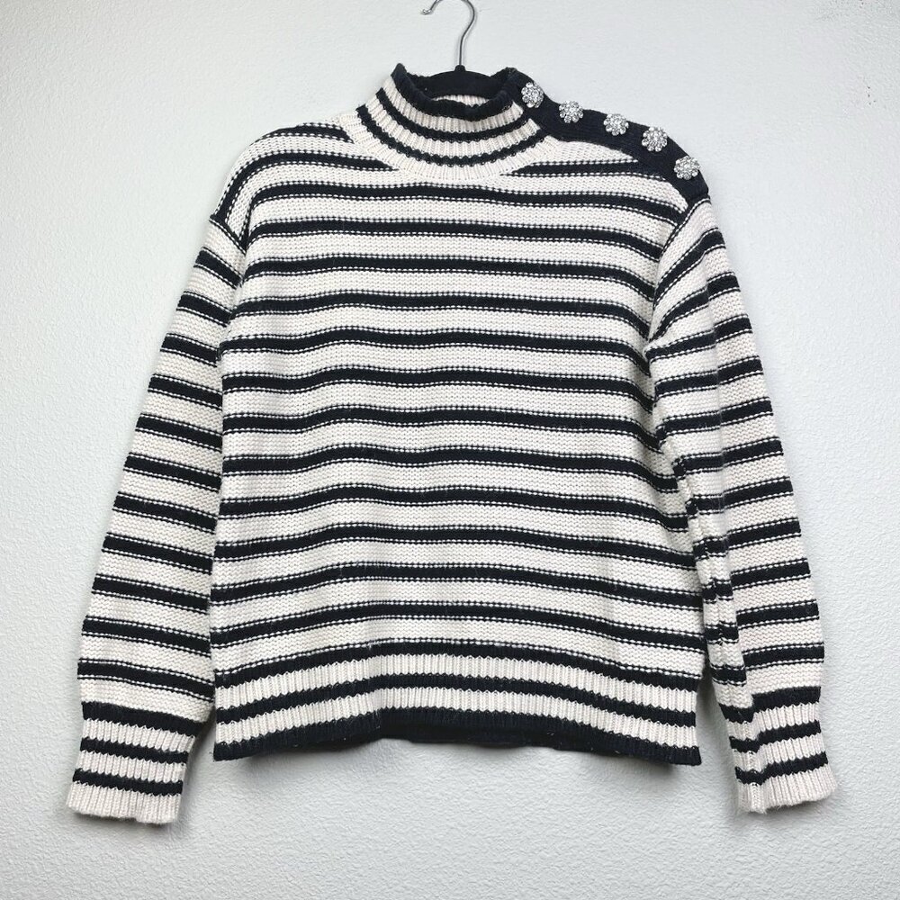 J.Crew Women's Medium Cable-Knit Mockneck Pullover Sweater Stripe Jewel Buttons